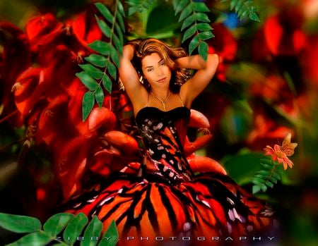 BEAUTIFUL  BUTTERFLY DRESS AND WOMAN - pretty, dress, forest, flower, colorful, elegance, nature, woman, butterfly