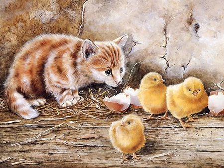 Kitten and chicks - animals, spring, white, painting, art, yellow, egg, cute, little, innocence, chick, chickens, cat, adorable, kitty, playing, bird, kitten, chicken, shirley deaville, beautiful, animal, sweet, friends, barn