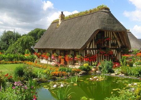 Beautiful cottage - cottage, water, flowers, colourful