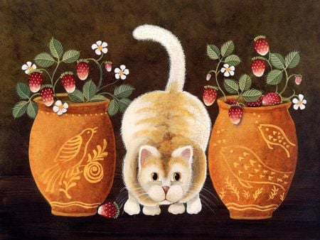 Cat among pots - whiskers, kriebel, animals, kittens, jardiniere, wrinkles, art, paintings animals, pretty, pot, paintings, cute, artistic, love, between, looks, adorable, cat, fruits, kitty, pots, funny, drawing, lovely, kitten, nature, stripe, strawberries, cats, flower