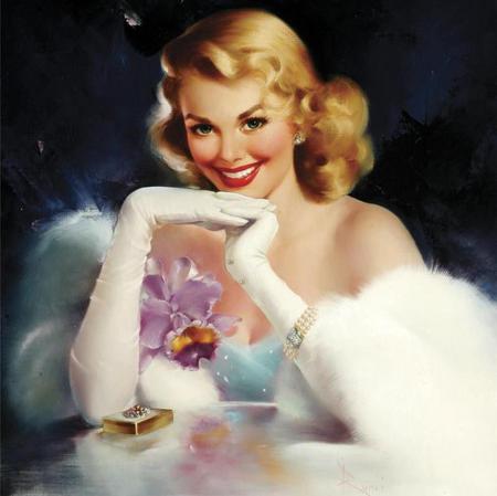 Ravishing Glyn - orchid, fur wrap, diamond pearl bracelet, gold compact, gloves, painting, blonde hair, blue dress, beautiful smile, flower, diamond earrings