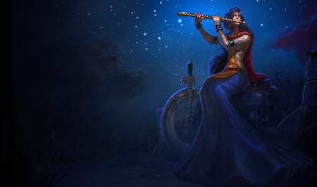 League of Legends - Soraka - woman, flute, sitting, female, lone, soraka, instrument, riot, blade, blue background, league of legends, anime, stars, night, league, games, video games, cape, weapons, dress, legends