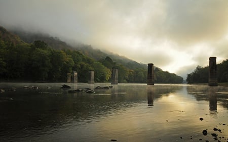 Bridge to Nowhere - mountains, bridge, overcast, forests, reflection, clouds, river, surreal, ruins, nature, shrouded