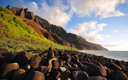 Na Pali Evening - calm, clouds, coastline, blue, beach, beautiful, beaches, ocean, skies, rocky, nature, green, mountains