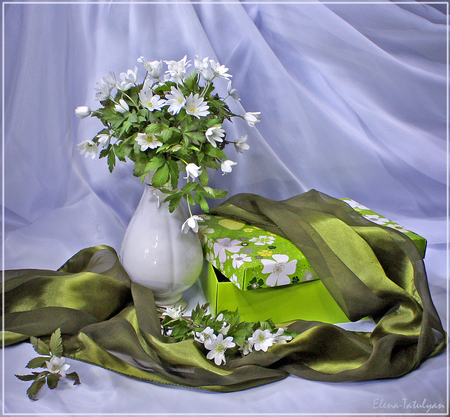 still life - nice, photography, bouquet, scarf, still life, vase, white, cool, box, beautiful, green, flowers, photo, flower, elegantly, harmony