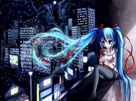 Hatsune Miku - aqua, thighhighs, music, cool, hatsune miku, skirt, blue eyes, snowflakes, virutal, buildings, skyscrapers, vocaloids, vocaloid, snow, beautiful, diva, dress, beauty, nice, sky, cell phone, night sky, twintail, aqua hair, black, pretty, idol, clouds, phone, anime, miku, cute, moon, winter, night, hatsune, red, blue, city, awesome, lights