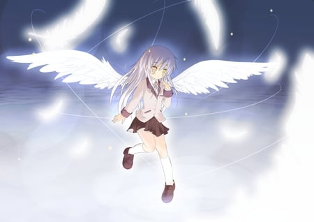 Kanade - yellow eyes, skirt, angel beats, long hair, school uniform, white, kanade, wings, cute, feathers