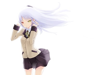 kanade - yellow eye, angel beats, long hair, white hair, school uniform, wind, white, red eye, kanade, bicolored eyes