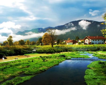 garden with lake - nature, garden, green, cloud, lake