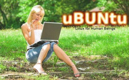 Ubuntu in the Meadow - ubuntu, woman, meadow, linux, os, laptop