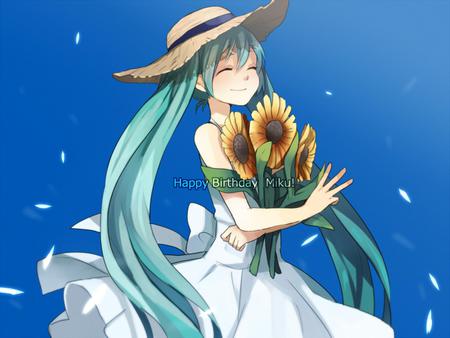 Happy Birthday Miku! - pretty, anime, sunflowers, vocaloid, blue, twintail, dress, hatsune miku, happy, flowers, aqua, blue hair, nice, sky, idol, hat, beautiful, beauty, cool, petals, girl virtual, smile, white, miku, awesome, diva, cute, hatsune, vocaloids