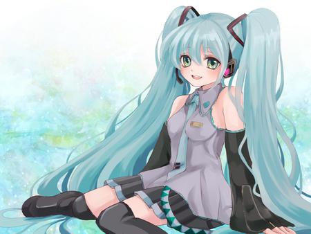 Hatsune Miku - nice, beauty, aqua, headset, thighhighs, twintail, virtual, pretty, cool, idol, anime, miku, cute, hatsune miku, skirt, girl, blue eyes, hatsune, vocaloids, blue hair, headphones, vocaloid, blue, beautiful, tie, awesome, diva