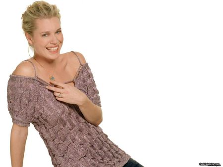 Rebecca Romijn - big smile, blond hair, mauve, actress, sexy, female, pretty sweters, model