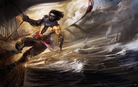 Stunning Prince of Persia - stunt, video game, storm, prince of persia the two thrones, art, game, concept art, artwork, prince, walling, warrior, fighter, stunning, attack, prince of persia, ubisoft, ship, fate, risk, adventure, action, sea