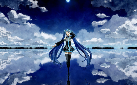 Hatsune Miku - singing, vocaloid, awsome, blue, hatsune miku, reflection, aqua, sky, clouds, anime girl, water, twintails, beautiful, beauty, cool, miku, hatsune, vocaloids