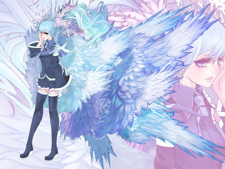 Hatsune Miku - anime girl, vocaloid, beautiful, beauty, angel, hatsune miku, colorful, miku, wings, hatsune, thigh highs, feathers, vocaloids