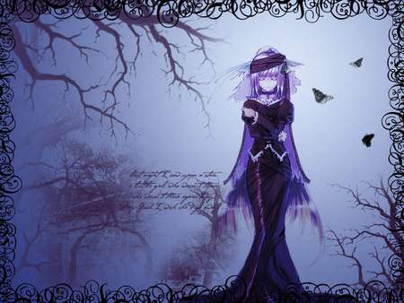 My Darkest Days - purple, long hair, goth, anime girl, gothic, black, emo, butterflies