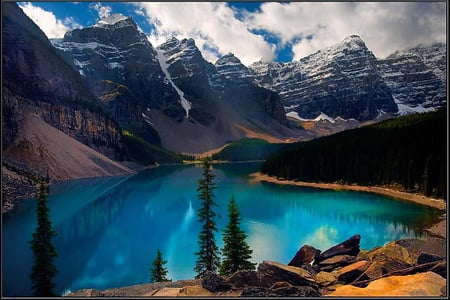 Mountain lake - clouds, trees, cliffs, blue sky, lake, mountains, snow peaks, rocks