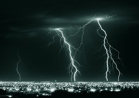 Electric Symphony - clouds, nature, bolts, city, night, lightning, sky