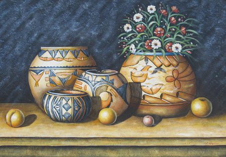 Aztec - ancient, fruits, design, antique, jugs, display, aztec, table, flowers, old