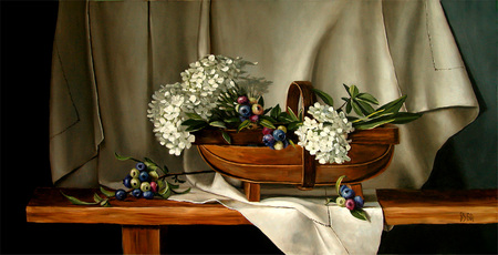 Mother's Flower's - still, pretty, branches, cloth, table, sweet, flowers, basket, berries