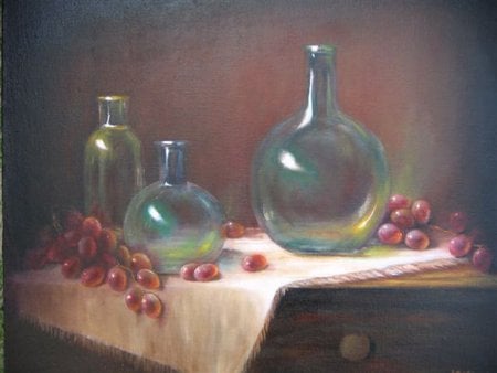 Green Glass - runner, still, glass, table, green, jars, berries, vase