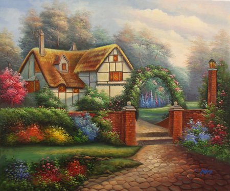 The Perfect Cottage - painting, cottage, brick wall, flowers, country