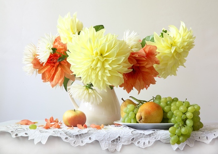 still life - elegantly, photo, gentle, flowers, embroidery, fruit, nice, beautiful, photography, cool, still life, flower, bouquet, jug, harmony, pear, grapes, apple