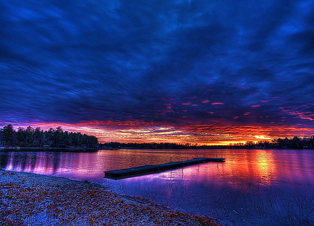 Sky blue - reflections, clouds, shore, sunset, blue, ocean, dock, sky