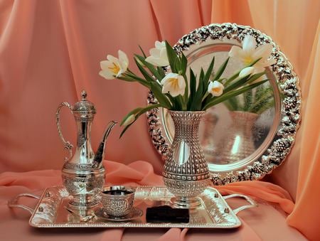 still life - elegant, photo, flowers, mug, nice, vase, beautiful, coffee, photography, tea, cool, still life, flower, tulip, bouquet, drink, harmony, tulips, silver