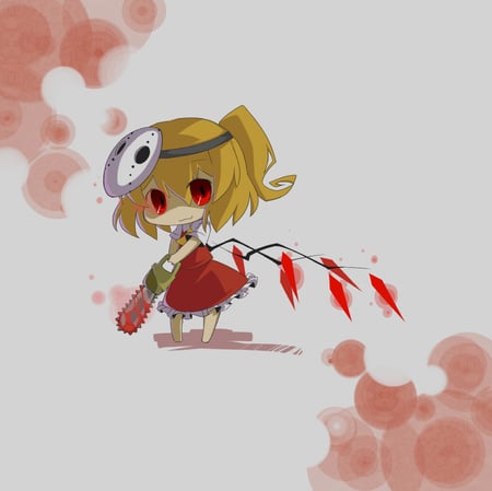 Doctor Flan will patch you up ♪ - blood, hockey mask, chainsaw, flandre scarlet, blonde hair, red eyes, short hair, vampire, touhou, wings, ribbon