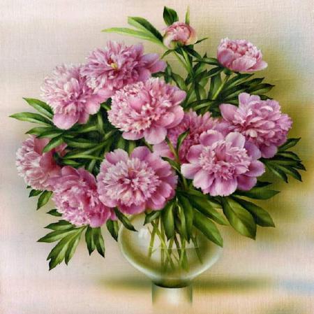 Pink Carnations - painting, stems, glass, pink, leaves, bouquet, carnations, vase