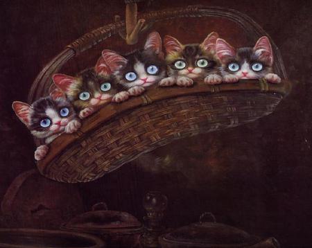 The Eyes Tell All - blue, big eyes, basket, kittens, green, painting, teal, adorable, hazel