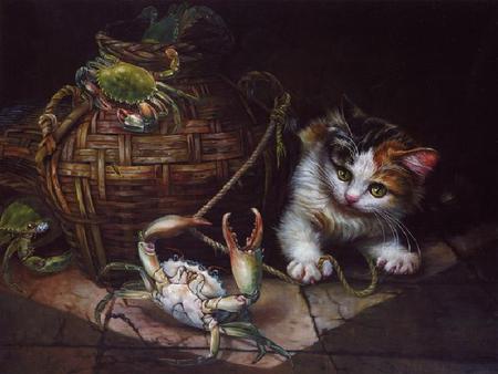 Catch Me If You Can - crabs, kitten, rope, table, basket, painting