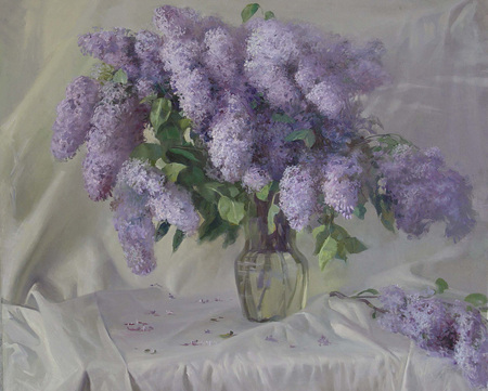 Bouquet Of Lilacs - fresh, creamy, glass, silk, soft, elegant, spring, vase, lilacs, shape, leaves, green, lavender