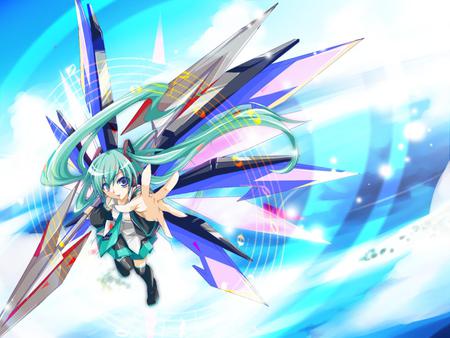 Hatsune Miku - pretty, mechanical, anime, vocaloid, twintail, hatsune miku, angel, robot, aqua, blue hair, weapon, nice, blue eyes, idol, skirt, beautiful, girl, virtual, beauty, colors, cool, robotic, colorful, miku, awesome, diva, wings, cute, hatsune, vocaloids