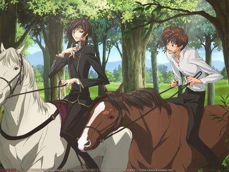 lelouch and Suzaku - boys, fun, anime, outside