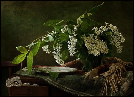 still life - glass vase, beautiful, table, still life, flowers, white, blanket, green, art photo, wild