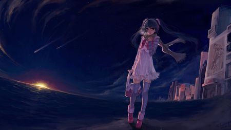 Stroll on the Beach - pretty, night, blue hair, nice, blue eyes, thighhighs, beauty, virtual, shooting stars, model, cute, song, horizon, vocaloid, anime, blue, twintail, beach, dress, hatsune miku, seaside, stars, music, aqua, sky, sun, idol, clouds, beautiful, sea, cool, buildings, ocean, miku, awesome, diva, night sky, hatsune, vocaloids