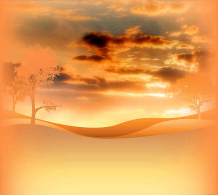 Sunset - sky, trees, hills, image, blcak, yellow, dips, beautiful, orange, sand