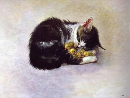 Staying Warm - painting, ducklings, adorable, comfort, kitten