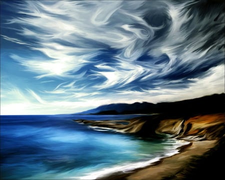 Seascape - swirl, sky, water, clouds, sea, painting, ocean, shore