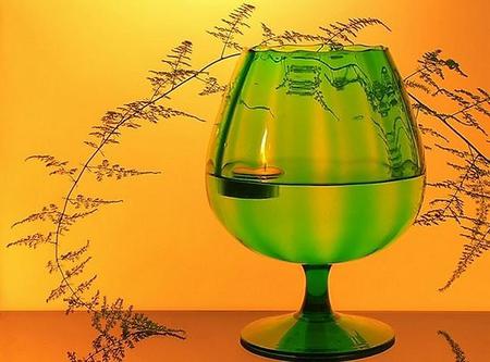 Floating candle in green - vines, floating candle, green goblet, orange and gold background