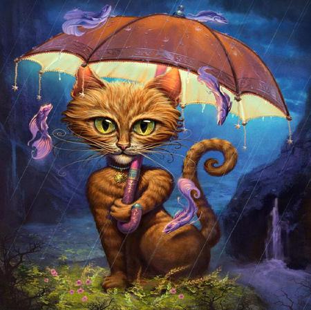 Don't Get Wet - cat, raindrops, water, mountains, waterfall, painting, fishes, umbrella, flowers, grass