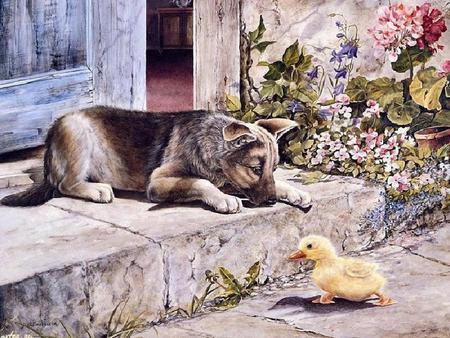 Are You Lost - adorable, puppy, sidewalk, plants, painting, duckling, step, door, friendship, flowers