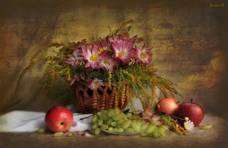 still life - grape, beautiful, photography, photo, cool, flower, still life, bouquet, harmony, flowers, basket, fruit, nice, apple