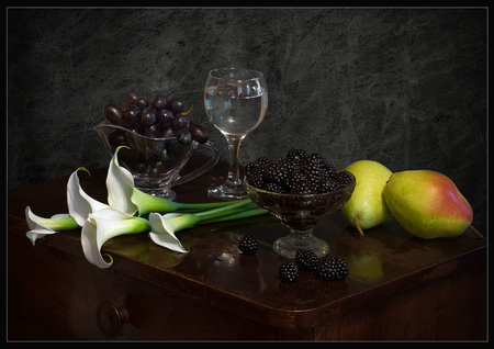 still life - nice, fruits, photography, pears, bouquet, still life, cup, blackberries, cool, beautiful, calla, grapes, flowers, photo, flower, harmony