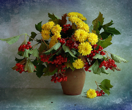 still life - nice, photography, bouquet, still life, vase, cool, yellow, red, beautiful, flowers, photo, flower, harmony