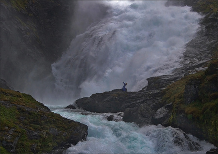 Waterfall Girl - art photo, girl, beautiful, big, waterfall, rocks