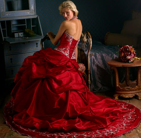 Red dress - woman, red, beautiful, flowers, dress